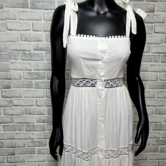 Shareen Collections Womens 8 White Gauze Knit Cutout Tie Strap Button Dress - Picture 3 of 11